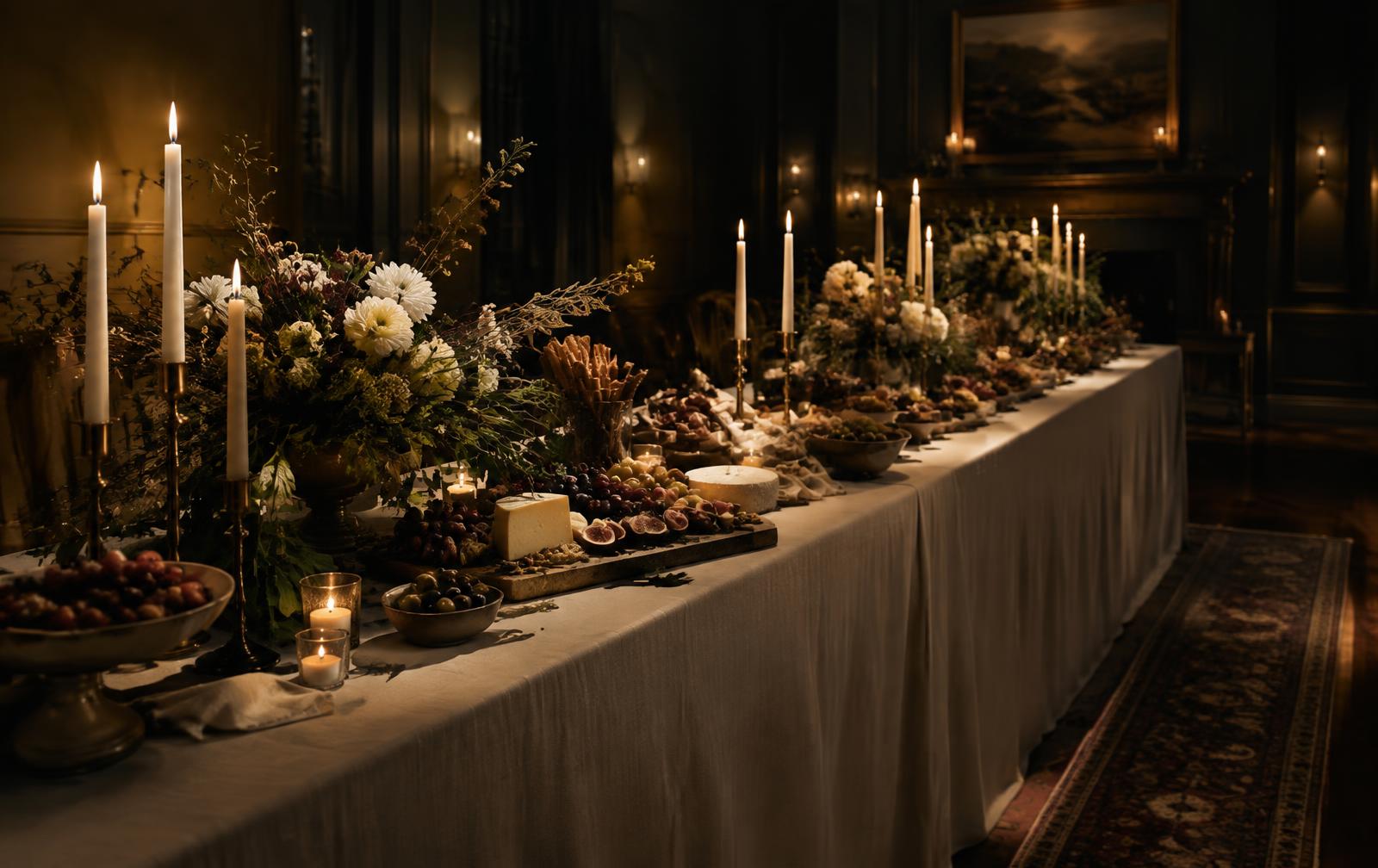 Candlelit catering table with sculptural grazing arrangements