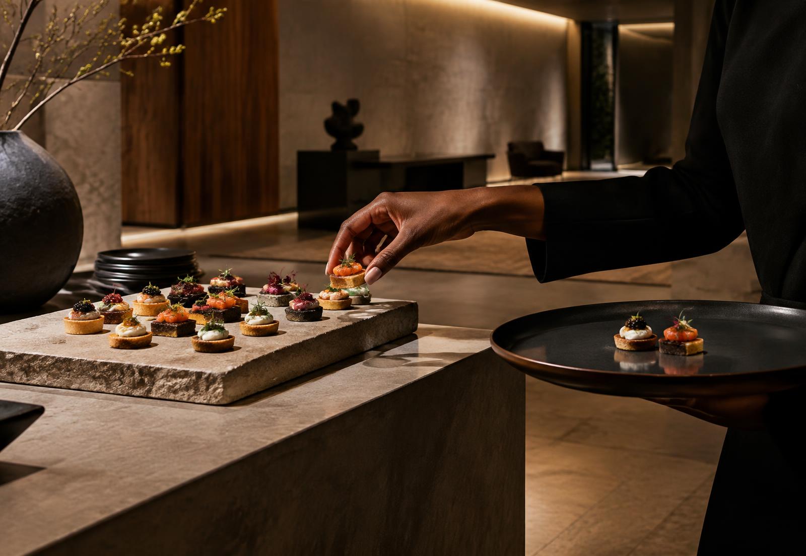 Canapés served on stone in a design showroom