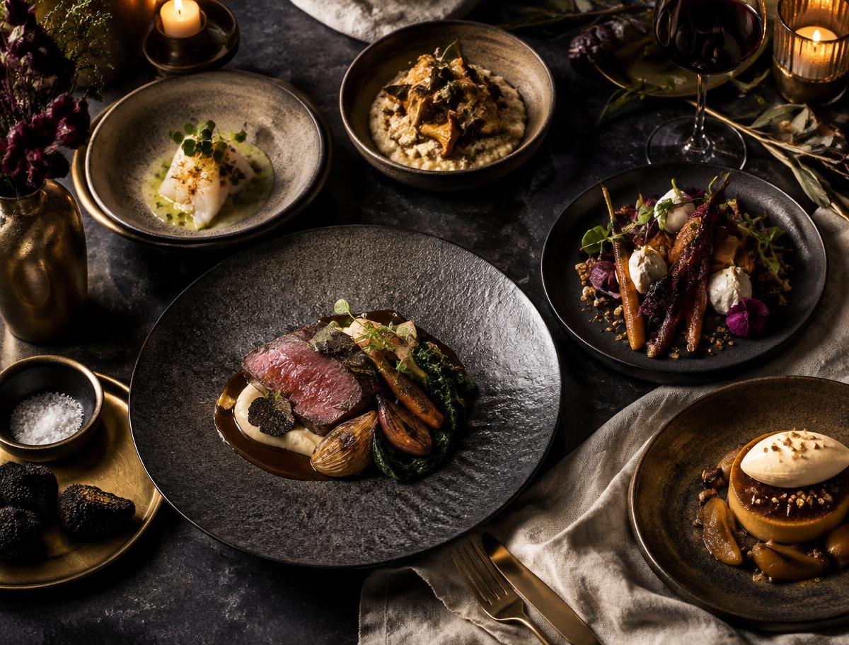 Seasonal tasting dishes arranged on a dark table