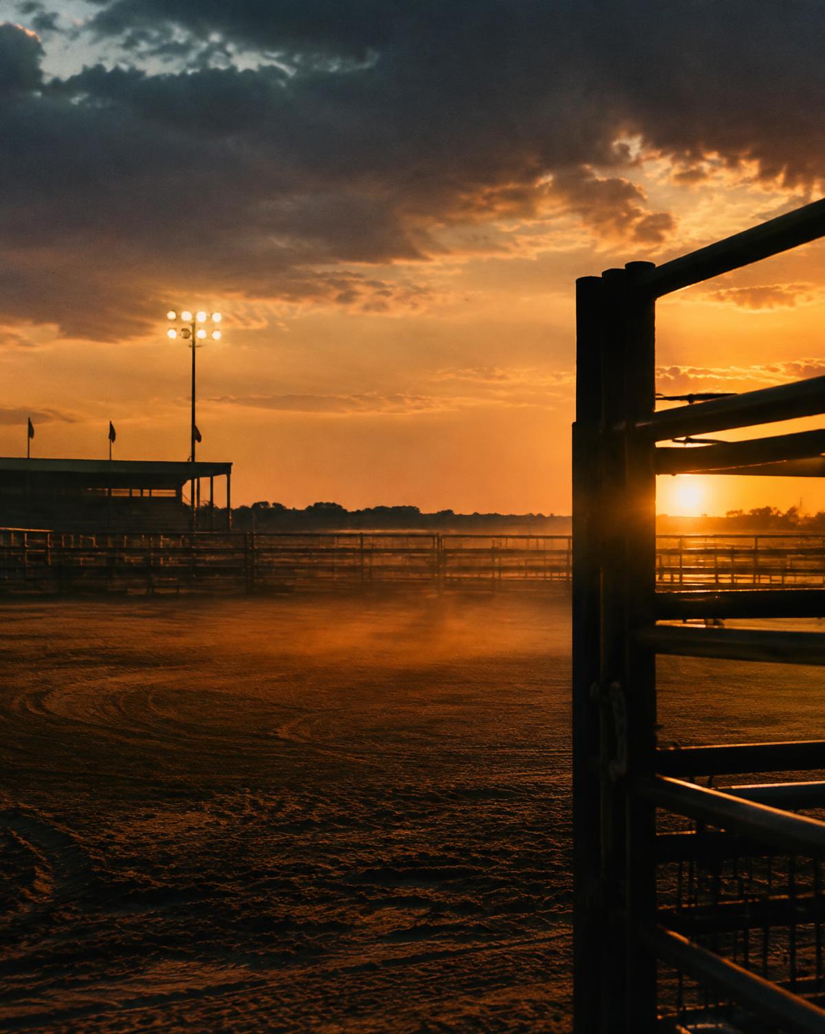 Rodeo arena at dusk under golden light