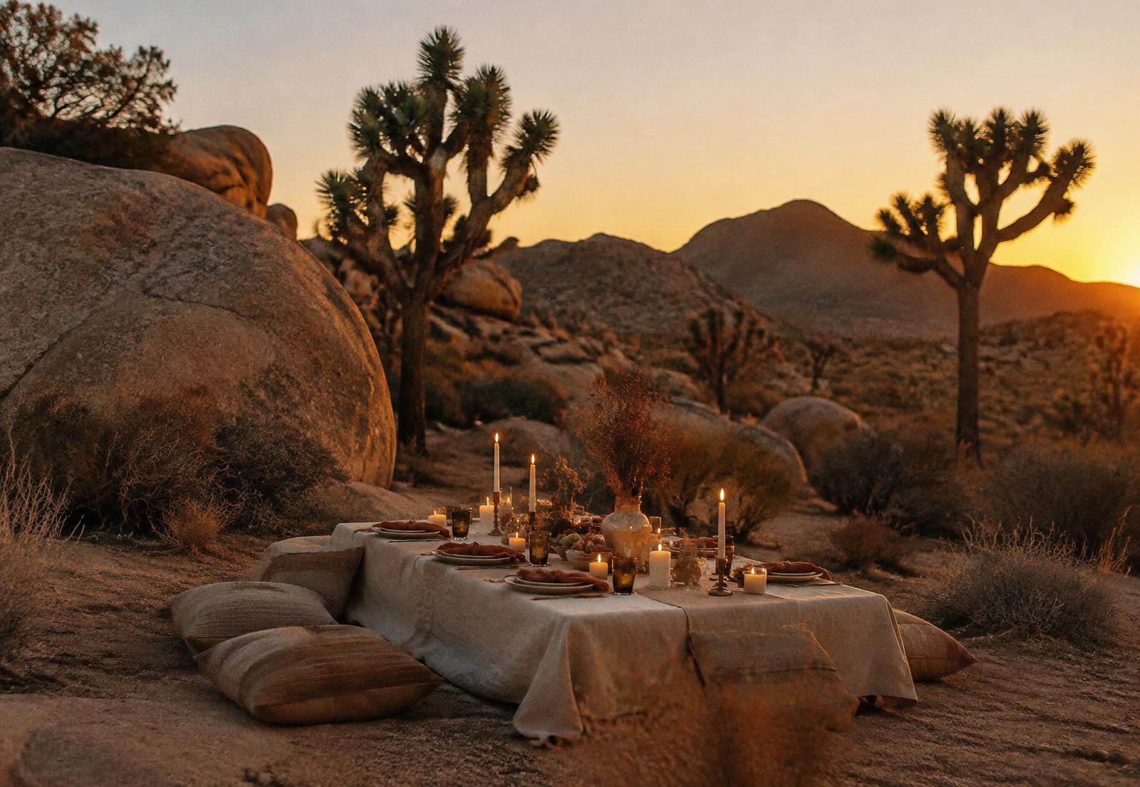 Candlelit linen table among desert boulders at dusk