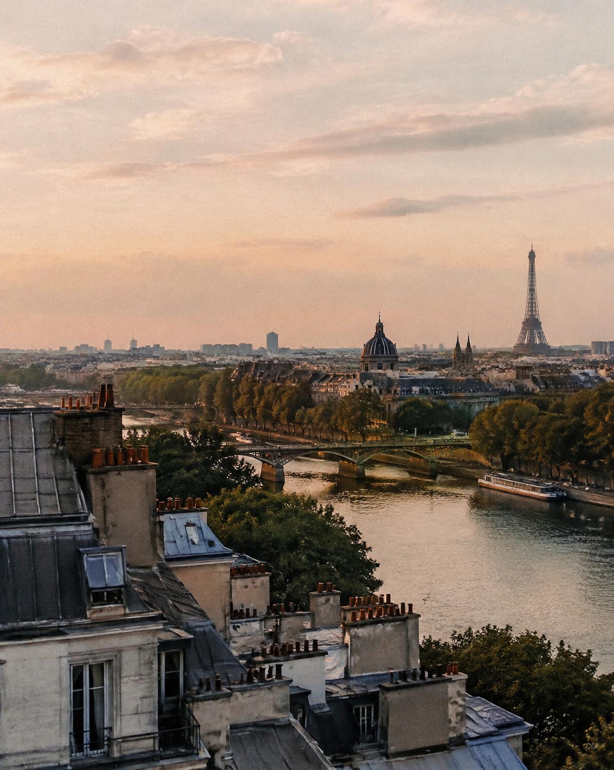 Paris rooftops and the Seine at early evening