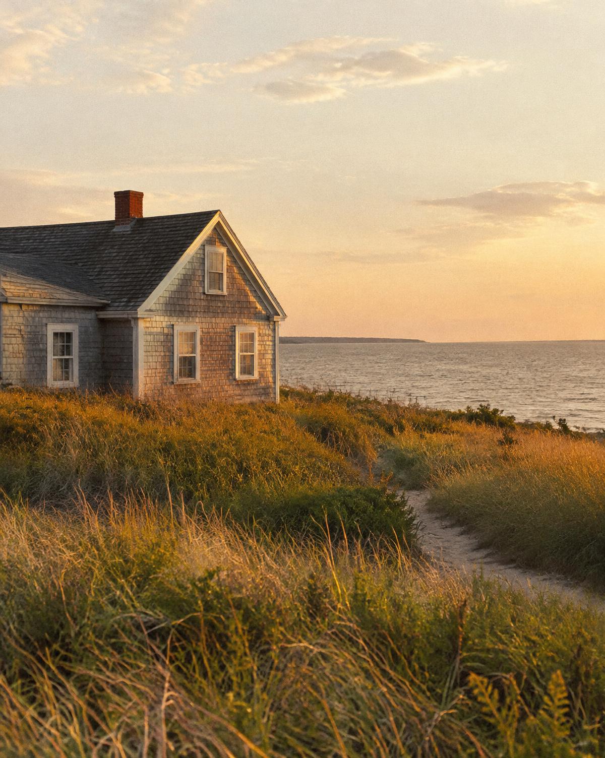 Shingled cottage above the sea at golden hour