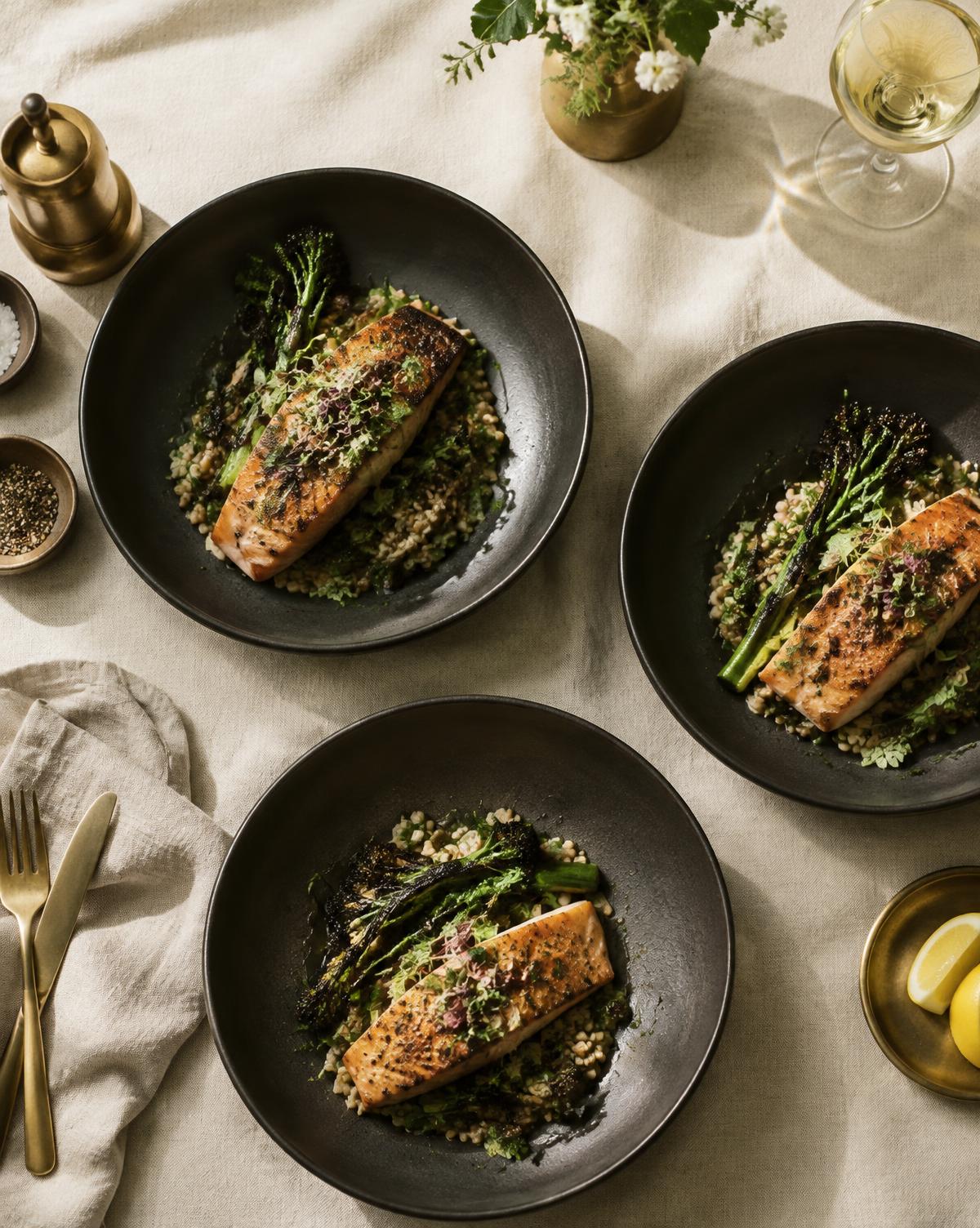 Three chef-prepared entrées in black ceramic bowls on ivory linen